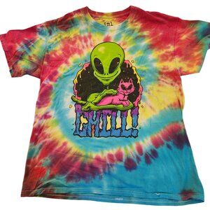Alien & Cat Tie-Dye T-Shirt - Chill! Graphic - Isaac Morris - L - 100% Cotton